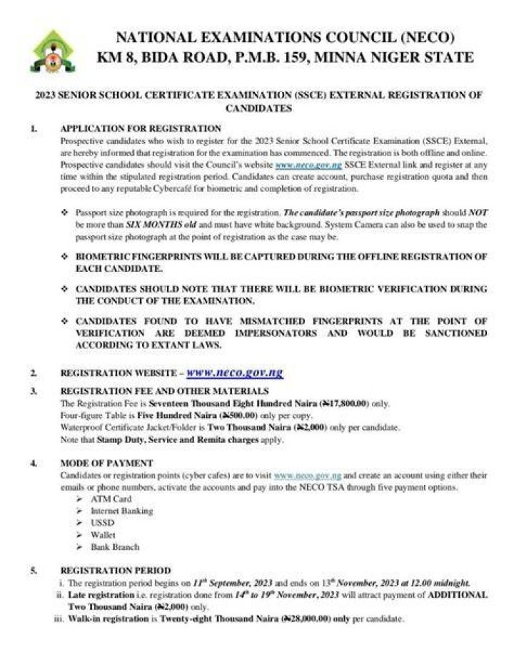 NECO GCE 2023 Registration Has Started Naija Edu Gist
